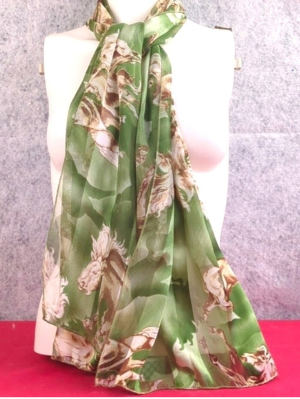 Green Scarf With Asian Horses